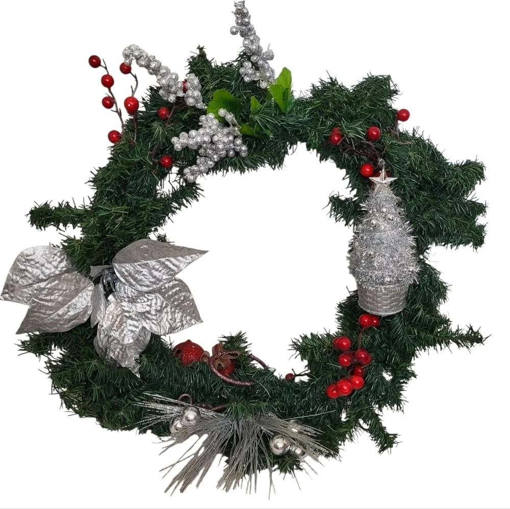 Handmade Christmas Wreath Silver Poinsettia & Red Berries Holiday Decor